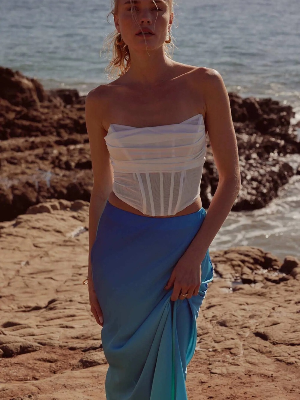 American Threads Strapless White Corset Top with Blue Sarong